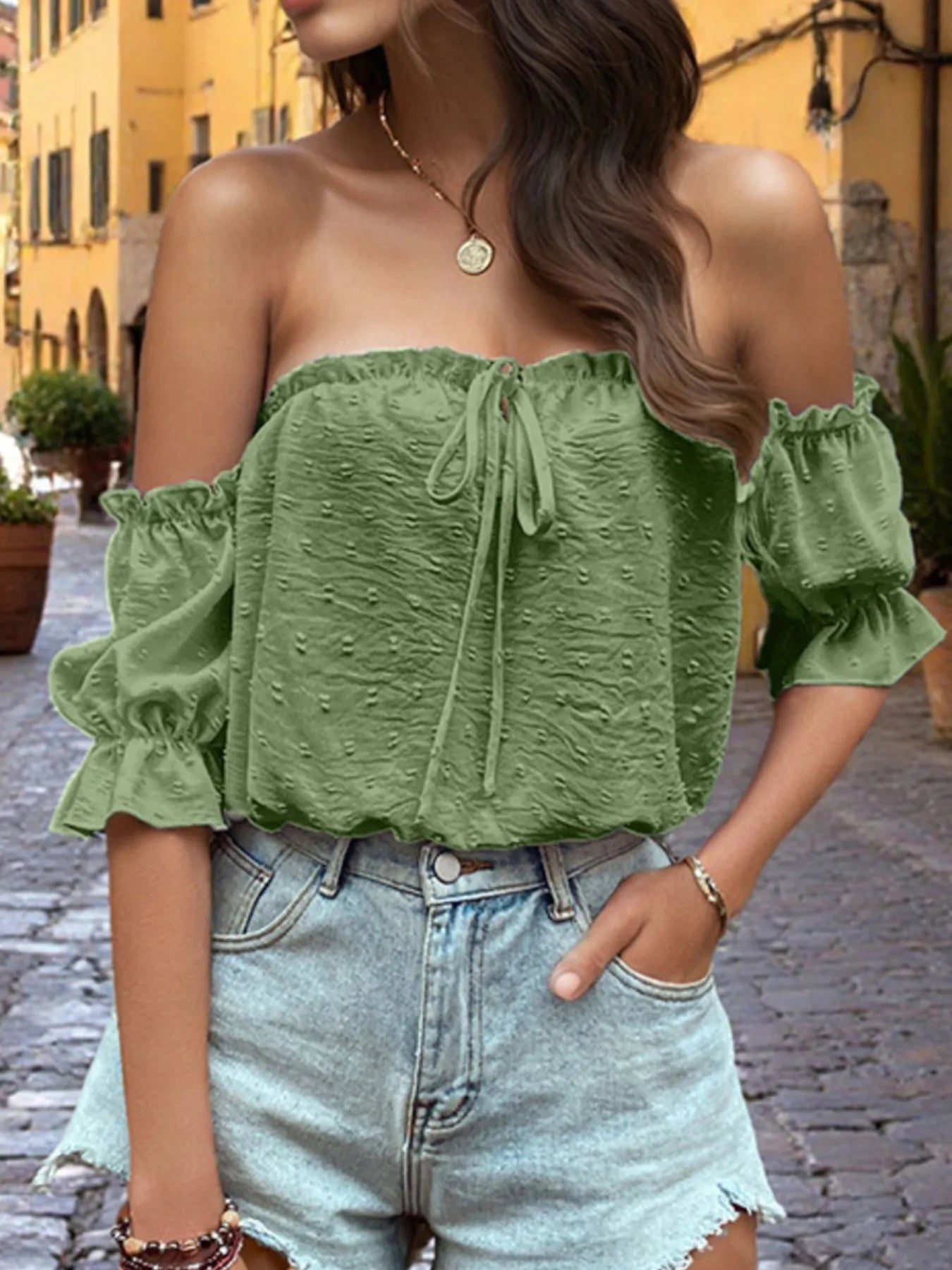 Off-Shoulder Swiss Dot Blouse with Tie Front Detail - Tigbul's Variety Fashion Shop