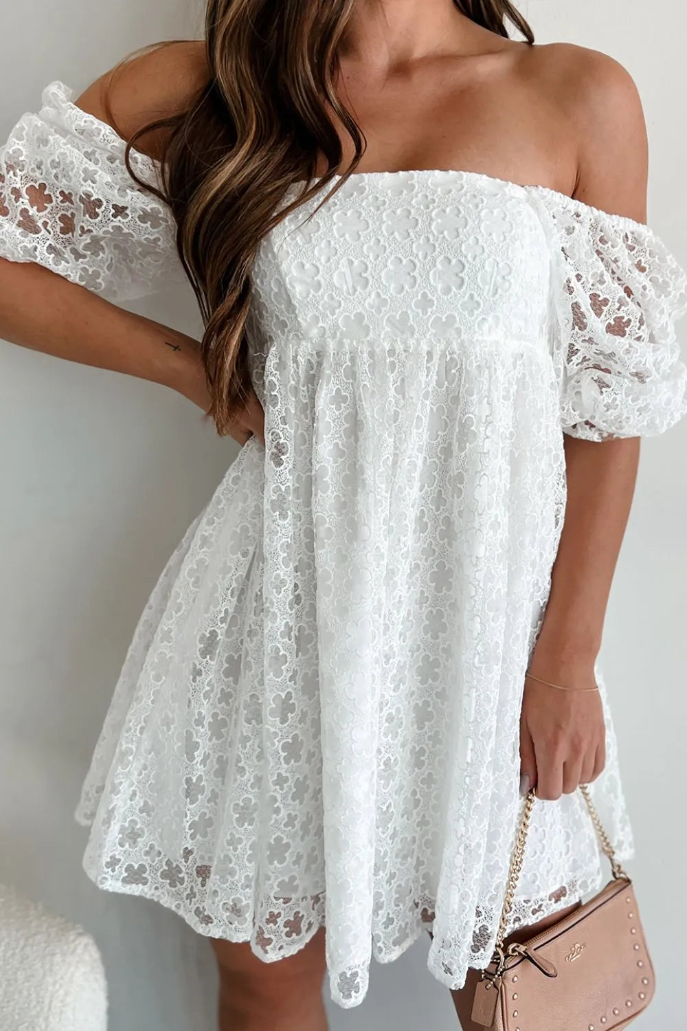 Lace Puff Sleeve Empire Waist Mini Dress - Tigbul's Variety Fashion Shop