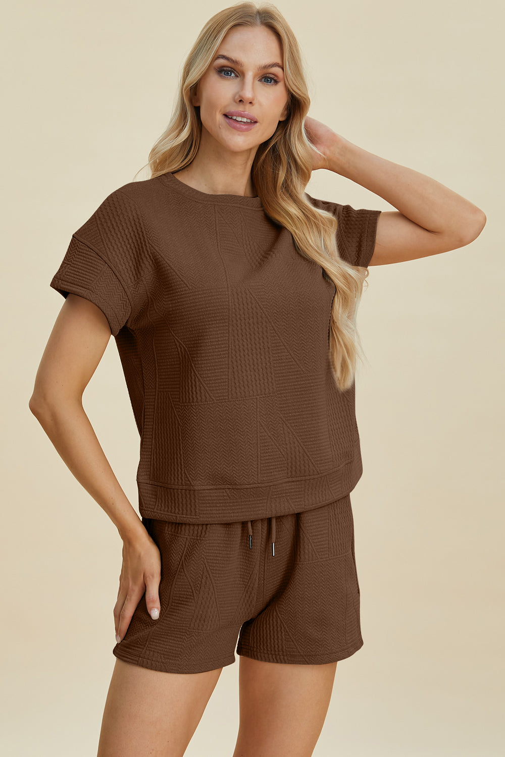 Texture Short Sleeve Top and Shorts Set - Tigbul's Variety Fashion Shop