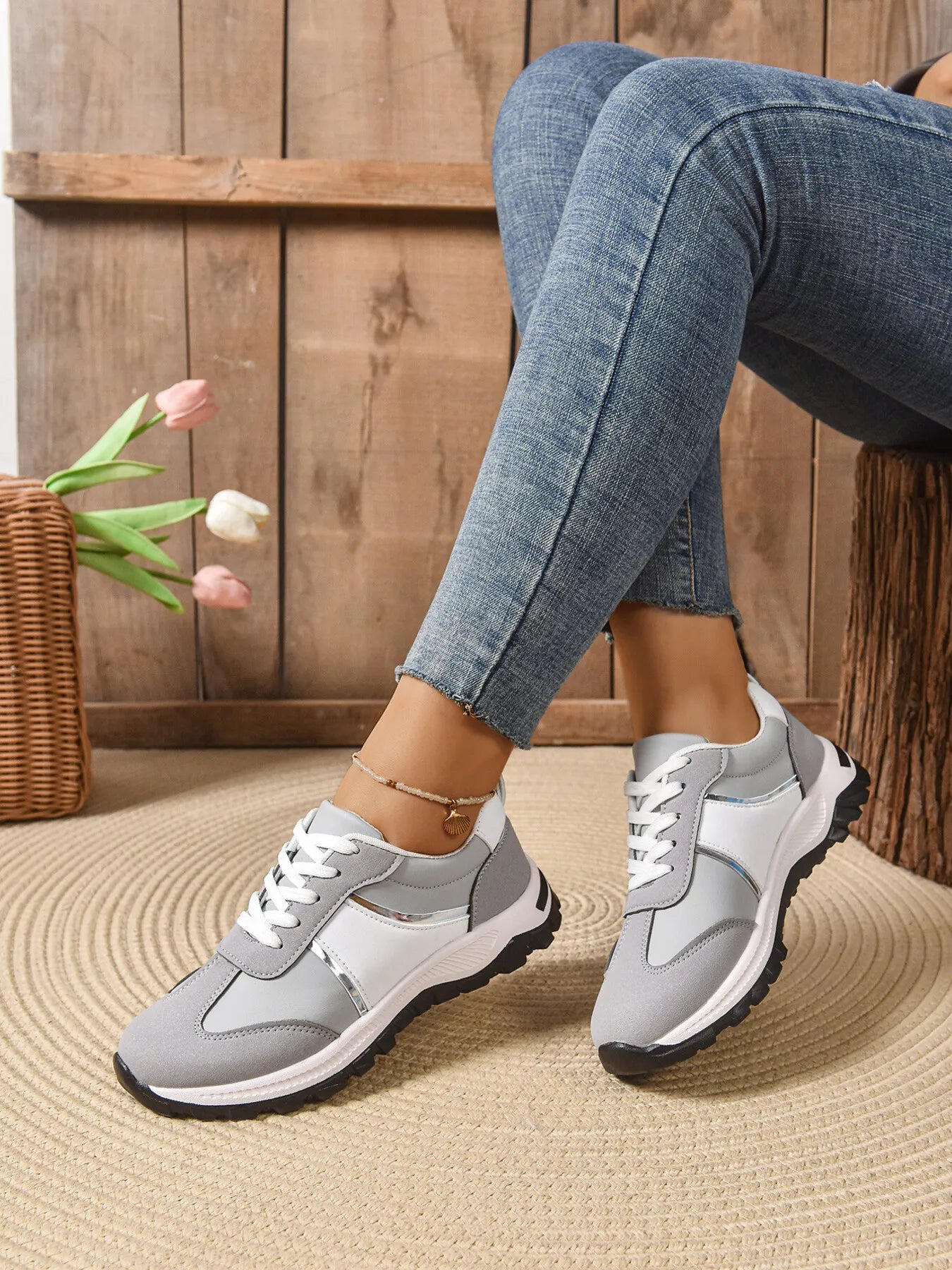 Contrast Lace Up Sneakers - Tigbul's Variety Fashion Shop