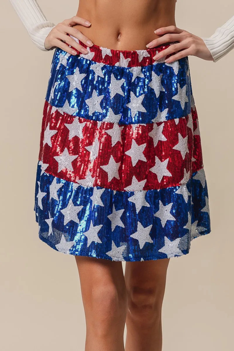 American Flag Theme Star Sequin Tiered Skirt - Tigbul's Variety Fashion Shop