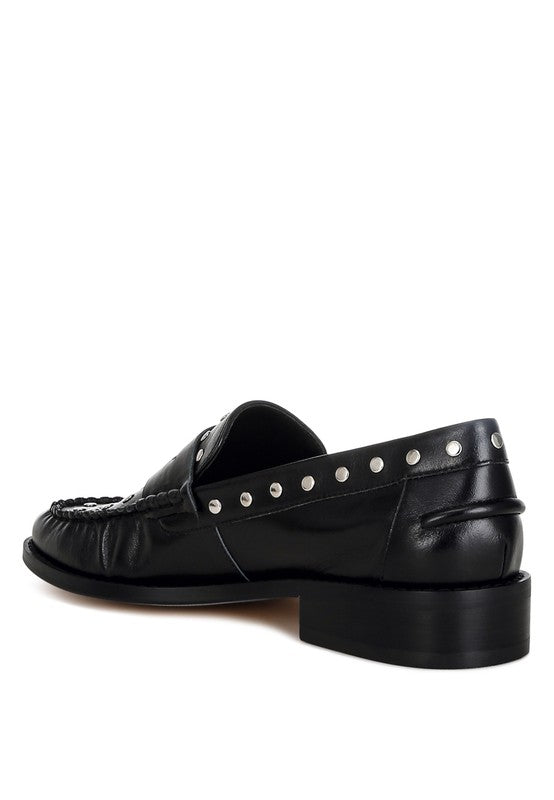 Oglavia Studs Embellished Leather Loafers - Tigbul's Variety Fashion Shop