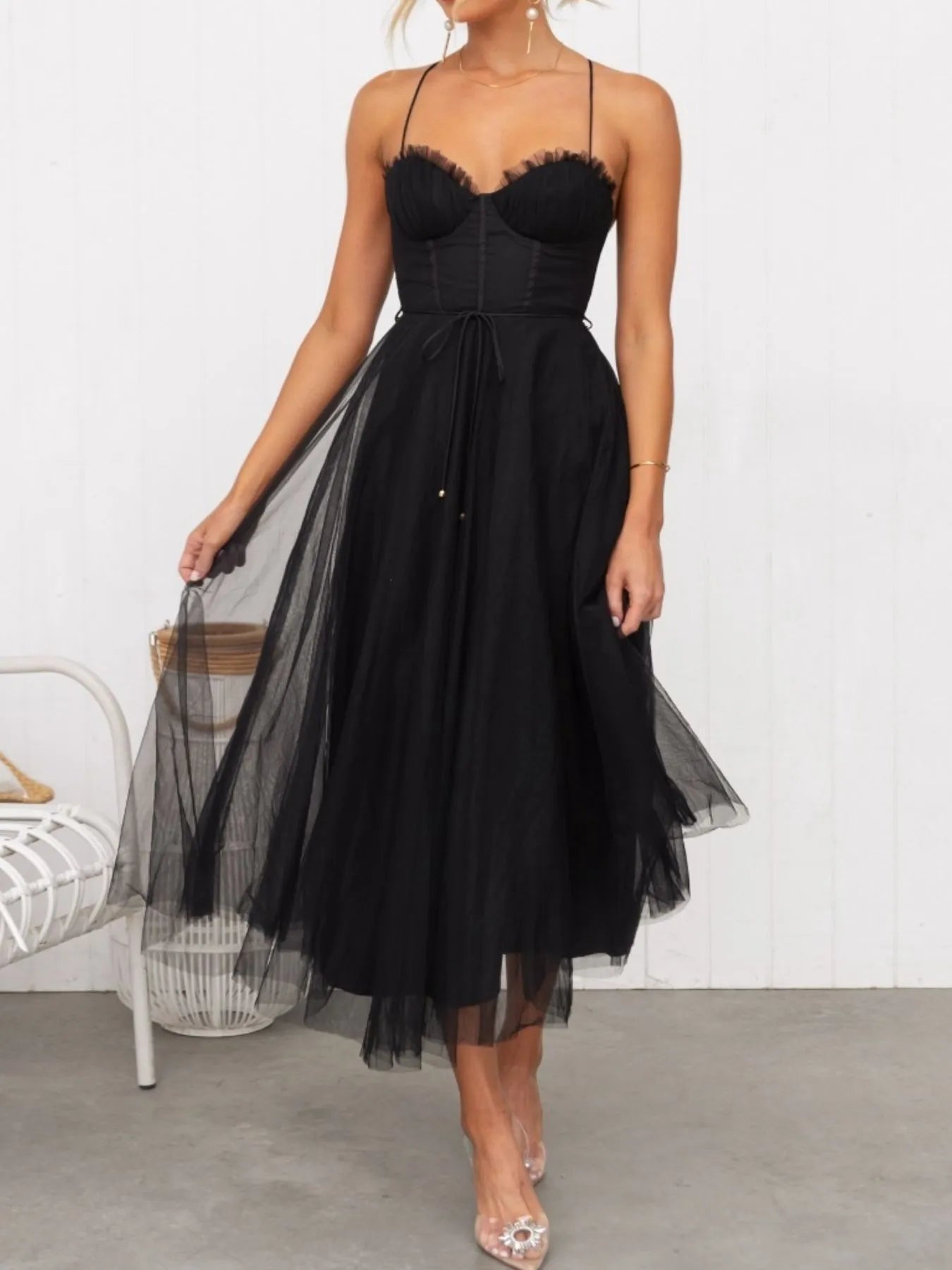 Sweetheart Neck Tulle Midi Dress - Tigbul's Variety Fashion Shop