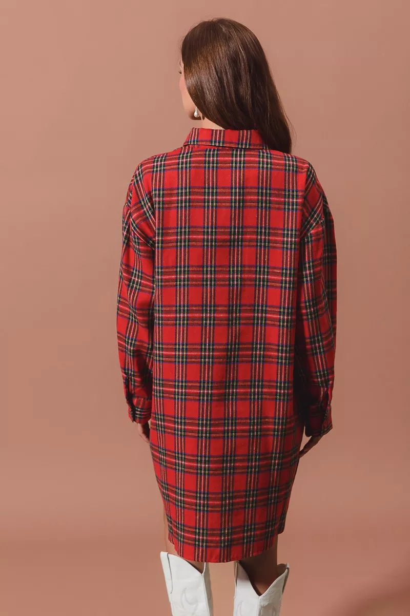 SO ME Christmas Checker Plaid Button Up Shirt Dress - Tigbul's Variety Fashion Shop