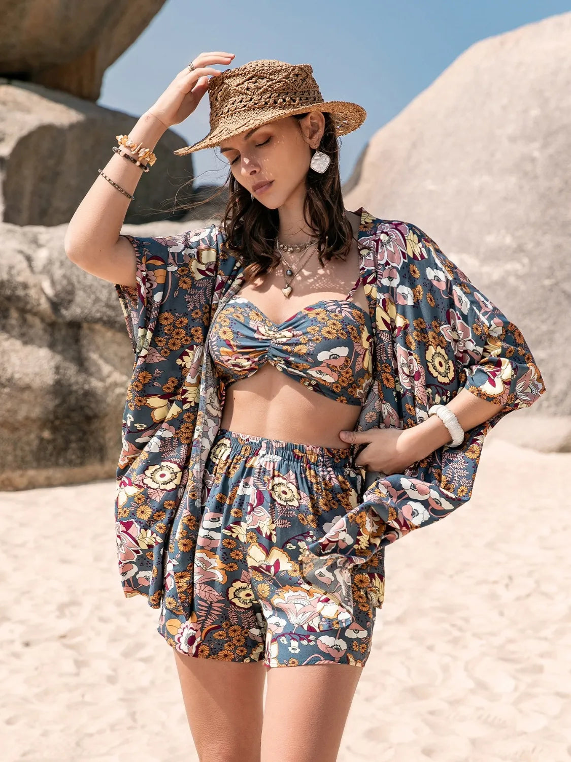 Printed Bra, Cover-Up and Shorts Set - Tigbul's Variety Fashion Shop
