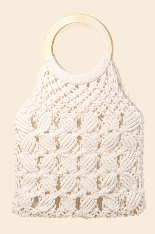 Ivory Boho Braided Wooden Top Handle Bag - Tigbul's Variety Fashion Shop