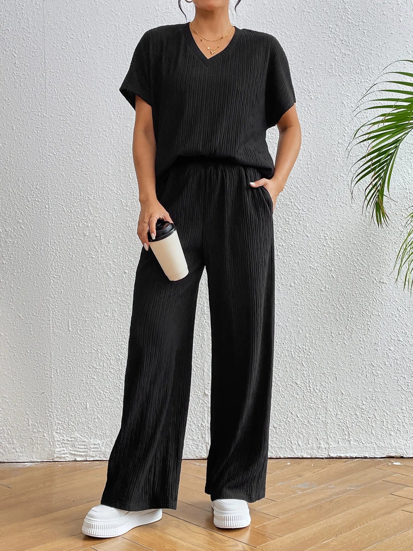 V-Neck Short Sleeve Top and Pants Set - Tigbul's Variety Fashion Shop