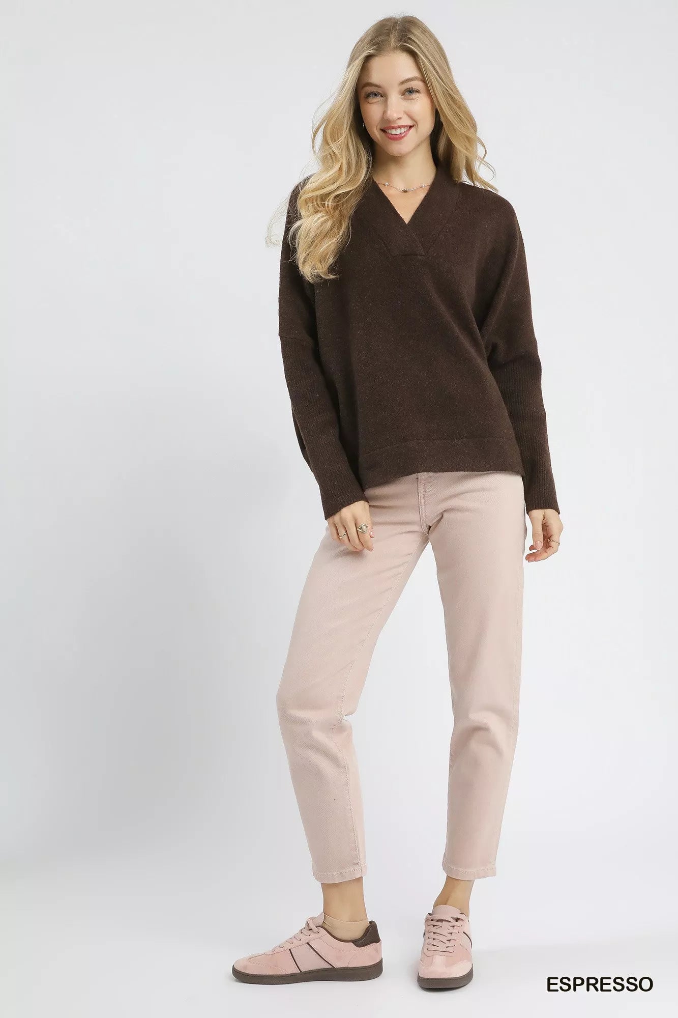 Umgee V-Neck Sweater with Wide Trim Detail - Tigbul's Variety Fashion Shop
