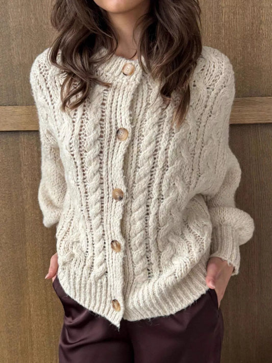 Cable Knit Button-Down Cardigan - Tigbul's Variety Fashion Shop