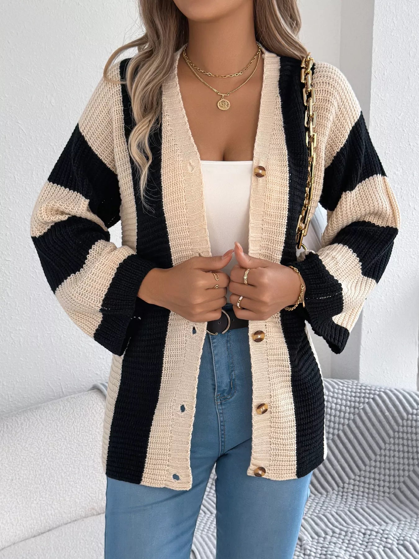 Color Block Button-Up Cardigan - Tigbul's Variety Fashion Shop