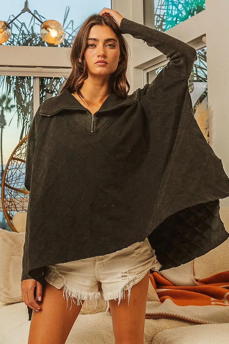 BiBi Vintage Washed Quilted Half Zip Top - Tigbul's Variety Fashion Shop