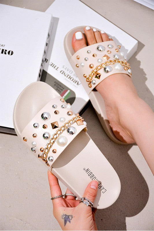 Nudeli Slide On Jeweled Flat Sandals - Tigbul's Variety Fashion Shop