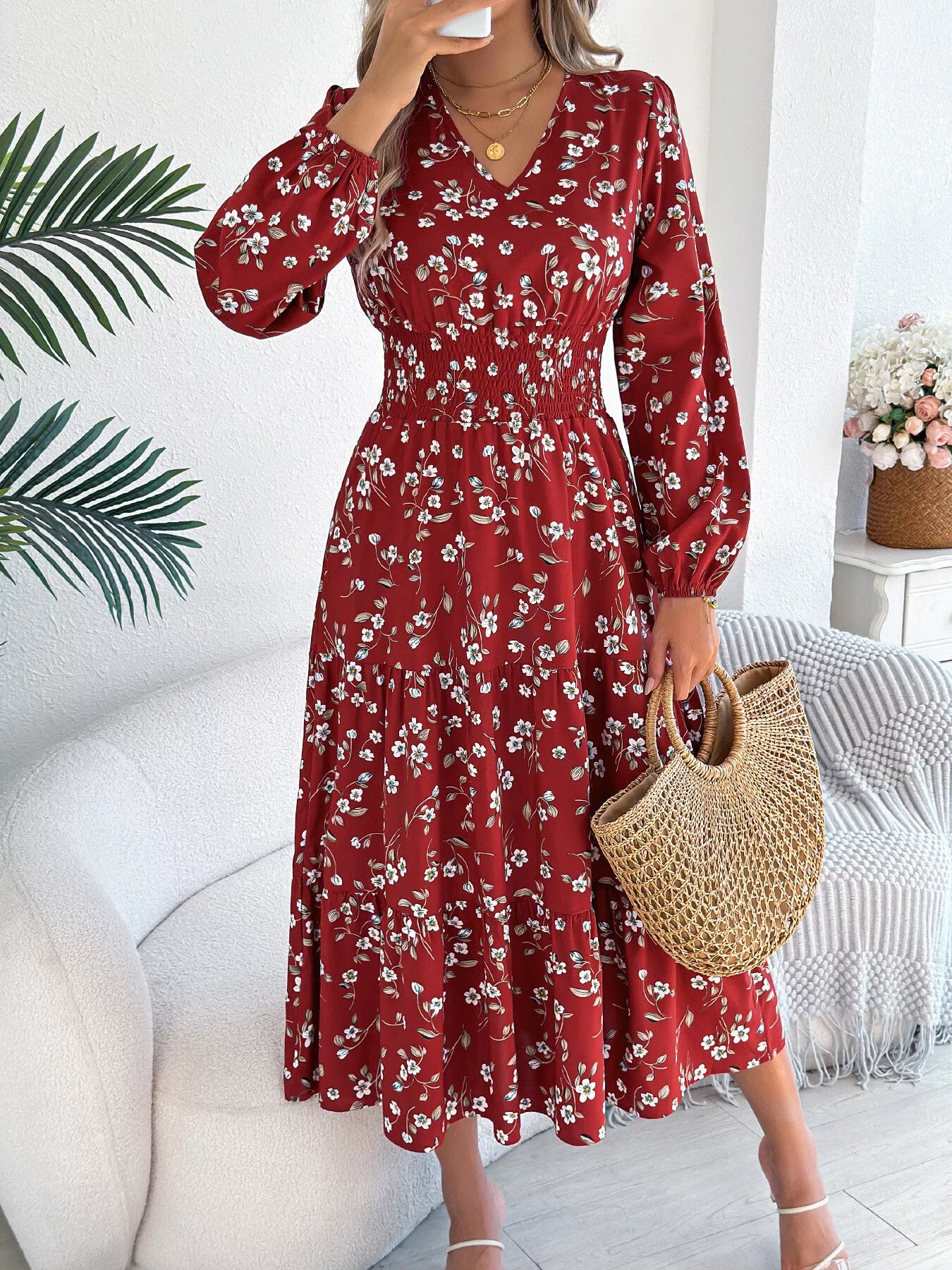 Floral Print Long Sleeve V-Neck Midi Dress - Tigbul's Variety Fashion Shop