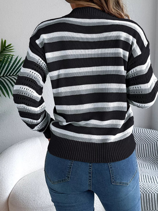 Striped Round Neck Long Sleeve Sweater - Tigbul's Variety Fashion Shop