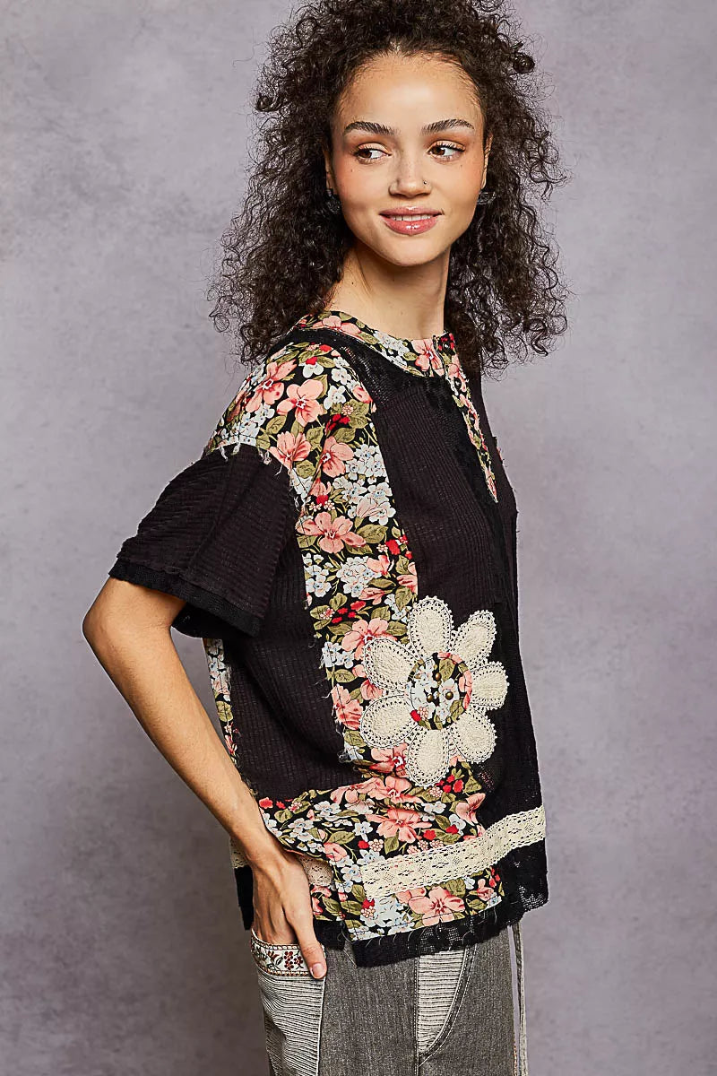 POL Lace Round Neck Short Sleeve Floral Pattern Top with Patch Detail - Tigbul's Variety Fashion Shop