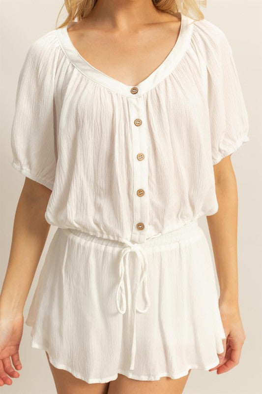 Off White Drawstring Hem Short Sleeve Top and Skort Set - Tigbul's Variety Fashion Shop