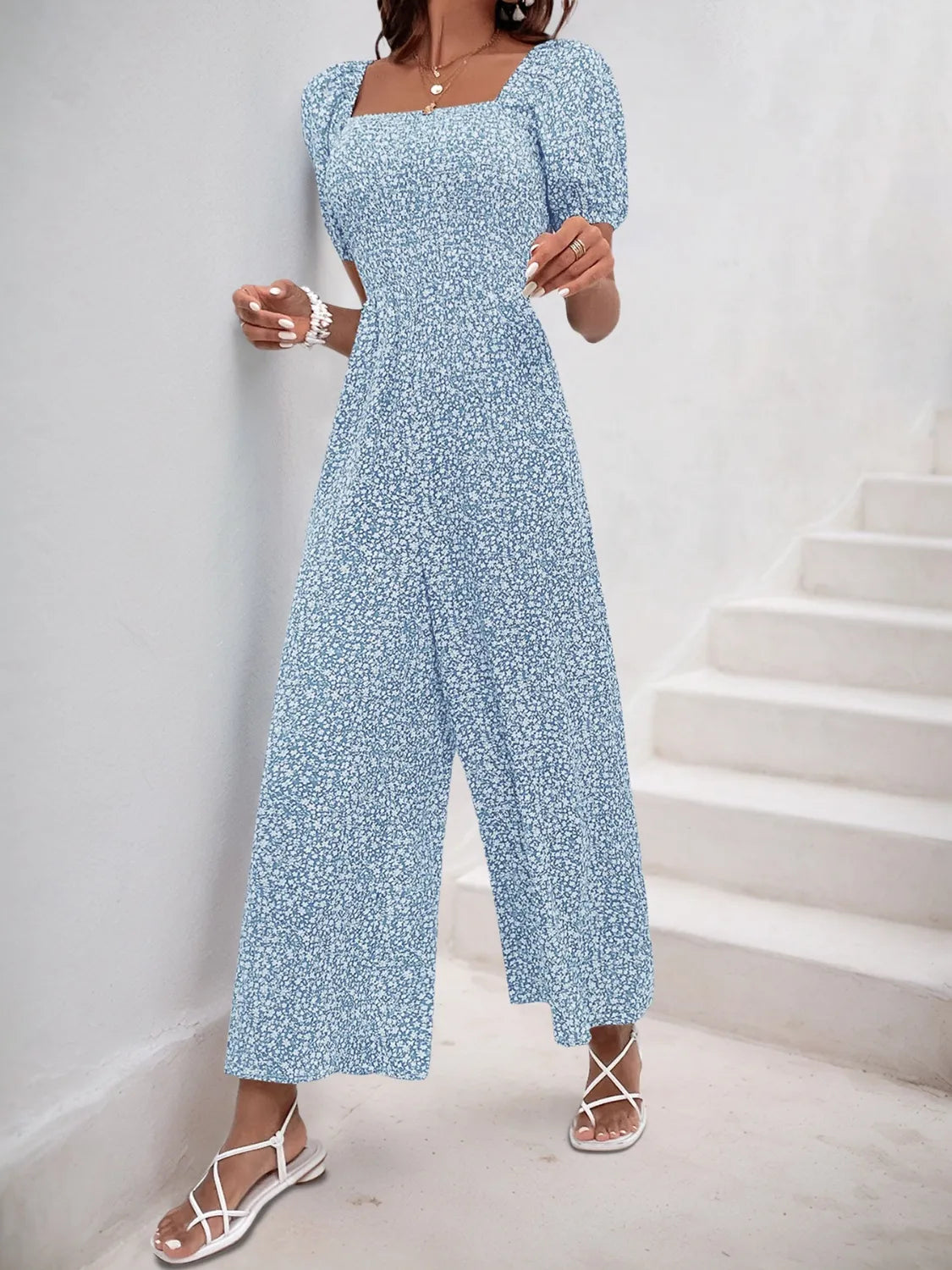 Printed Square Neck Puff Sleeve Jumpsuit - Tigbul's Variety Fashion Shop