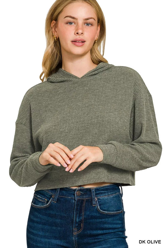 Zenana Drop Shoulder Ribbed Crop Hoodie - Tigbul's Variety Fashion Shop