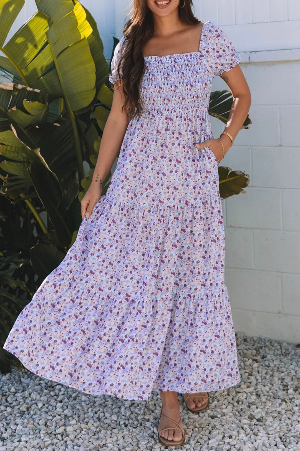 Lavender Tiered Floral Shirred High Waist Maxi Dress - Tigbul's Variety Fashion Shop
