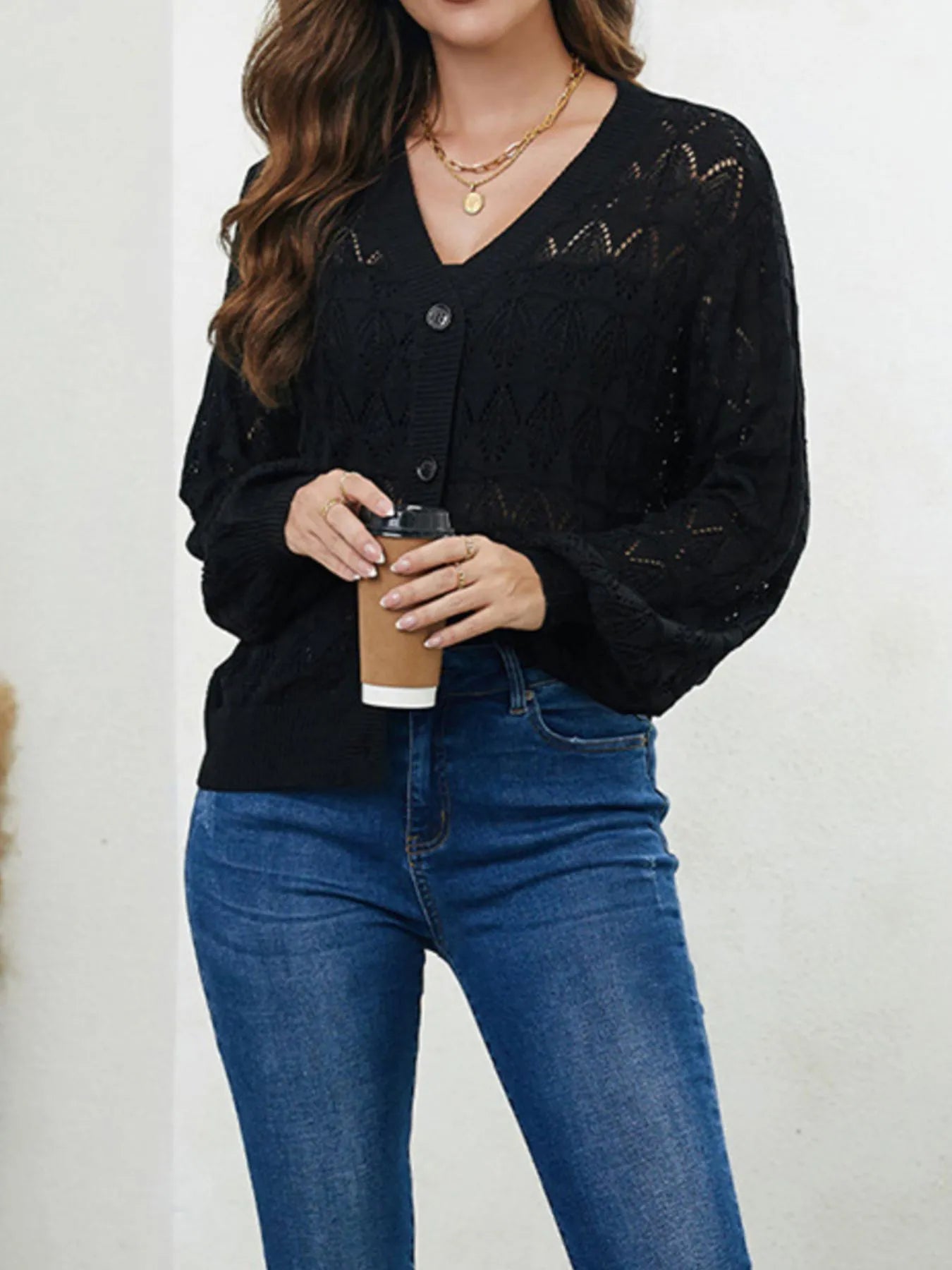 Openwork Button Up Cardigan - Tigbul's Variety Fashion Shop