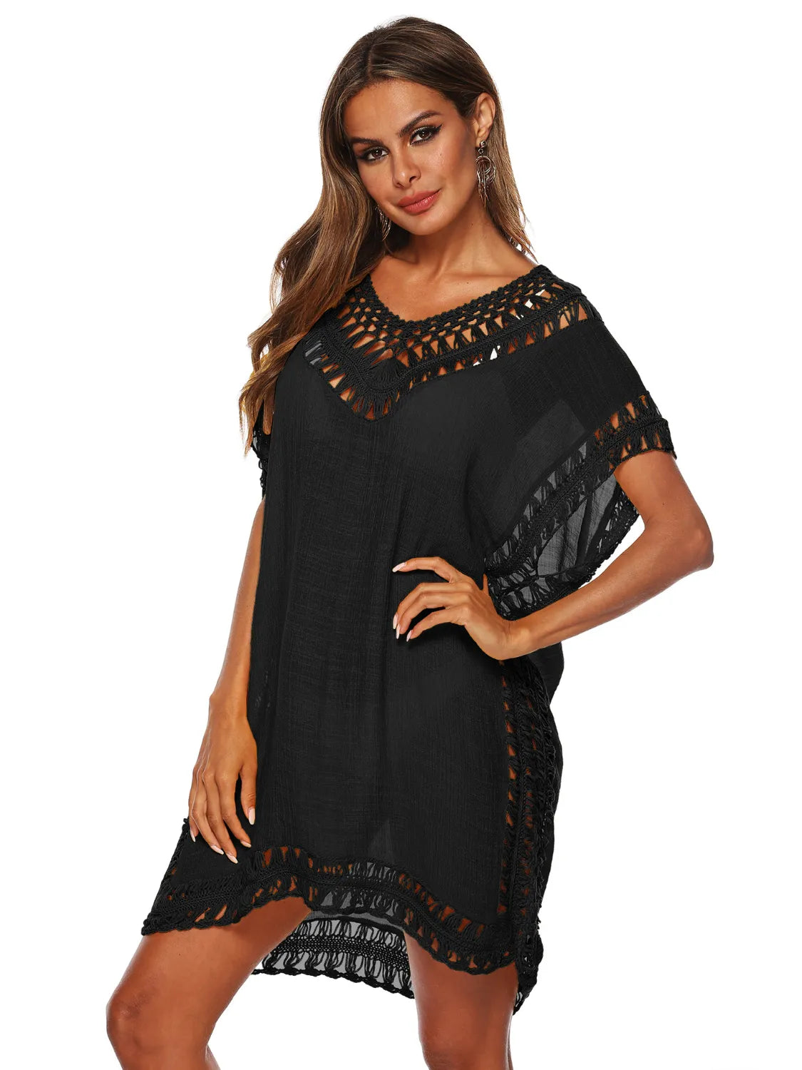 Bohemian Crochet Trim Beach Cover Up Dress - Tigbul's Variety Fashion Shop