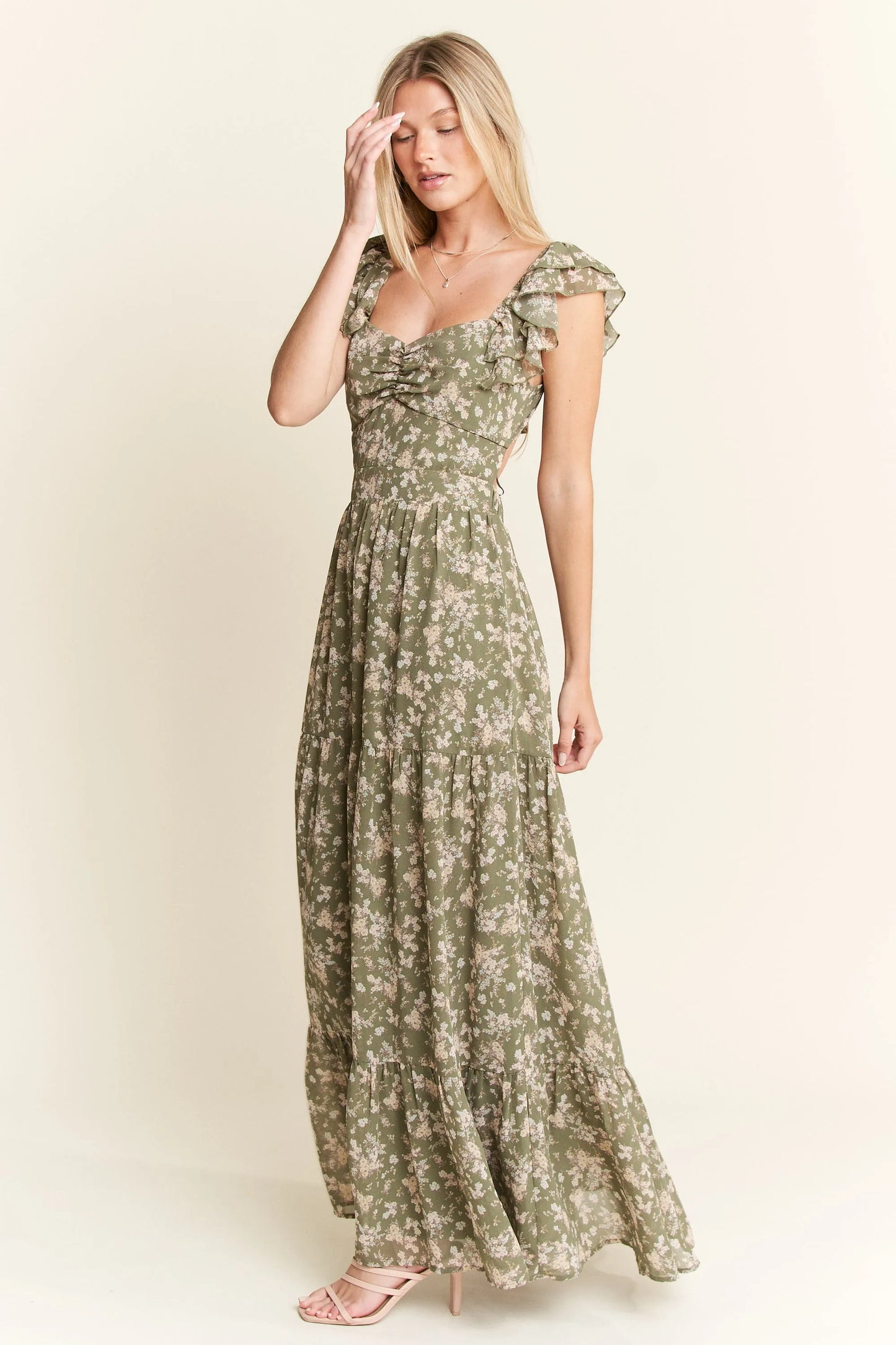 Sage Green Ruffle Sleeve Tiered Maxi Dress - Tigbul's Variety Fashion Shop
