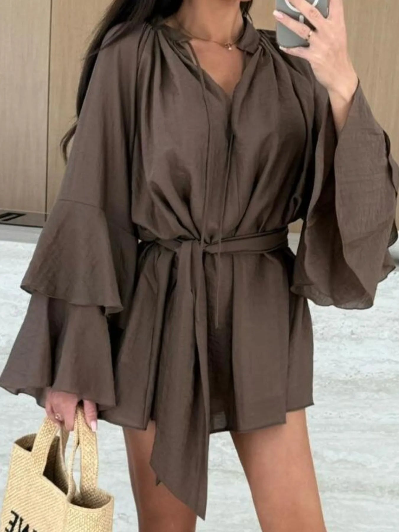 Bell Sleeve Tie Waist Mini Shirt Dress - Tigbul's Variety Fashion Shop