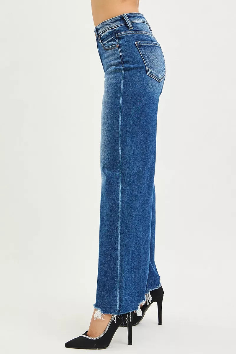High Rise Wide Leg Dark Blue Jeans with Distressed Hem - Tigbul's Variety Fashion Shop