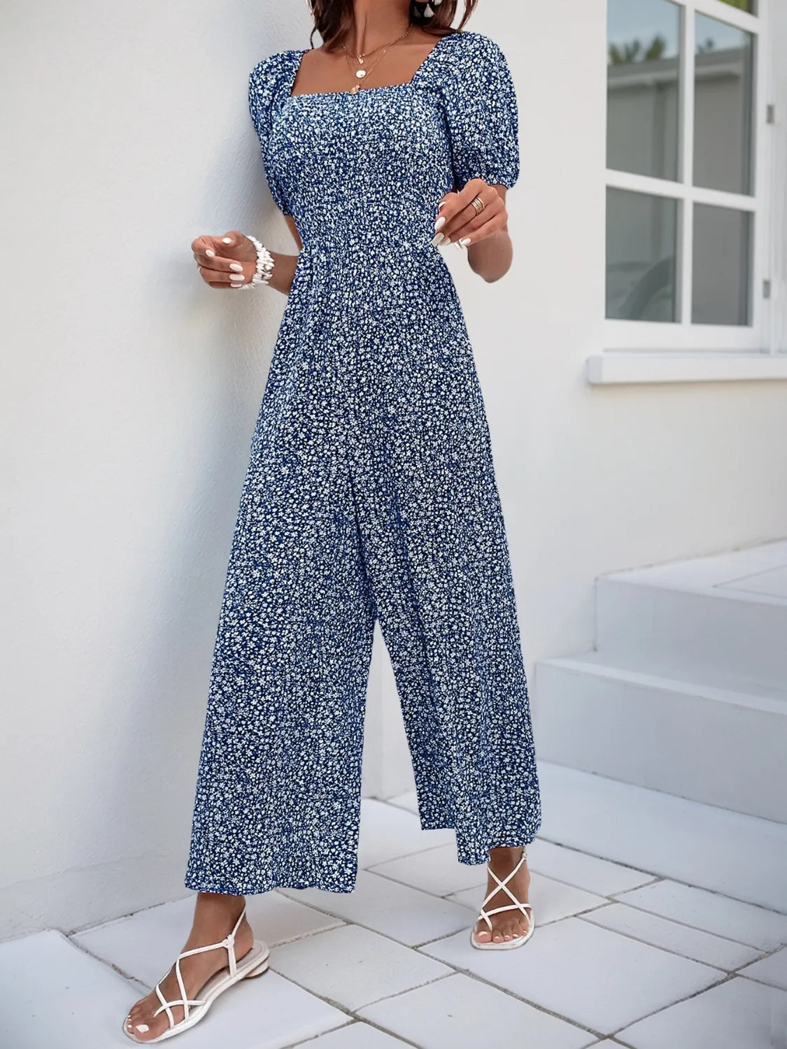 Printed Square Neck Puff Sleeve Jumpsuit - Tigbul's Variety Fashion Shop