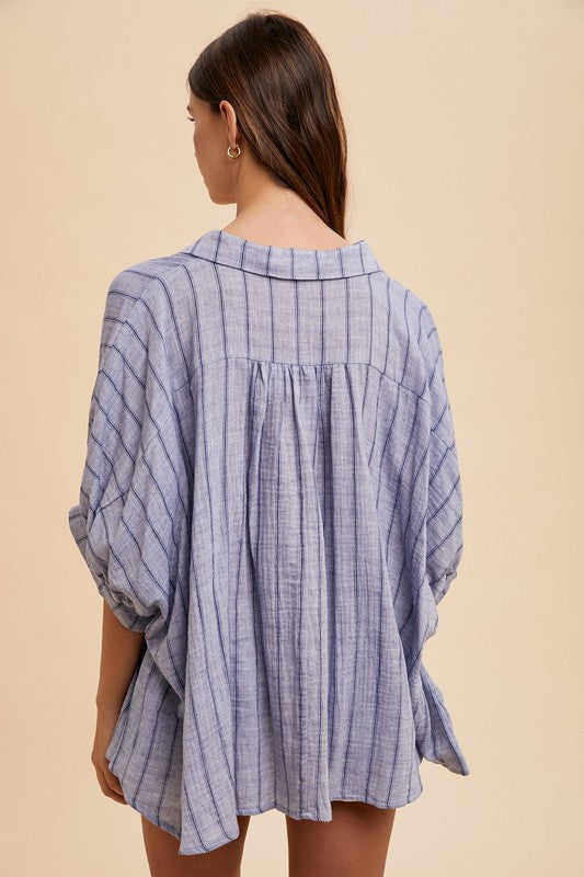Dusty Blue Striped Button Up Half Sleeve Shirt - Tigbul's Variety Fashion Shop