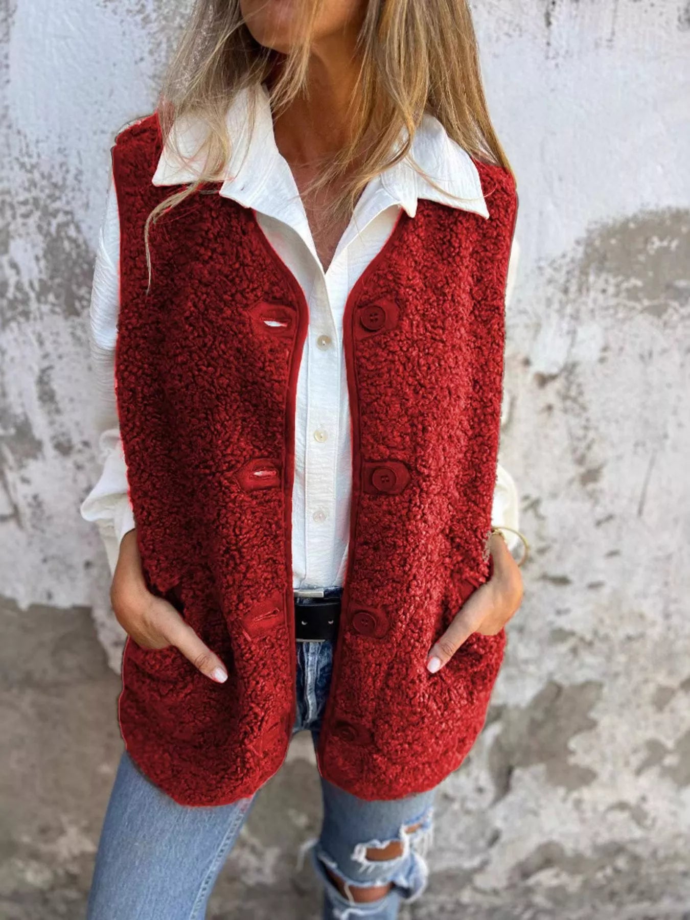 Full Size Cozy Sherpa Fleece Button-Up Vest Coat with Pockets Plus Size - Tigbul's Variety Fashion Shop