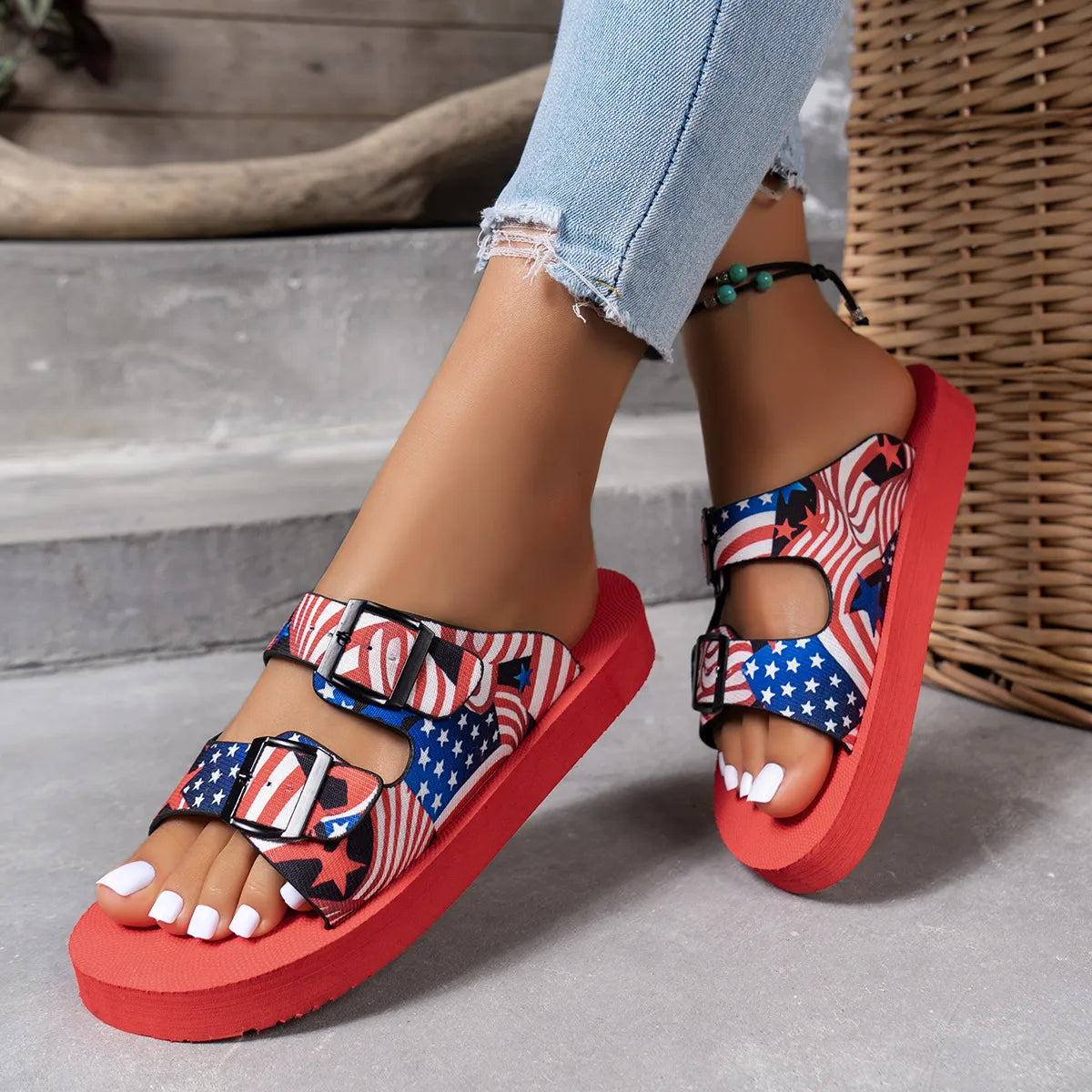 American Flag Patriotic Double Strap Sandals - Tigbul's Variety Fashion Shop