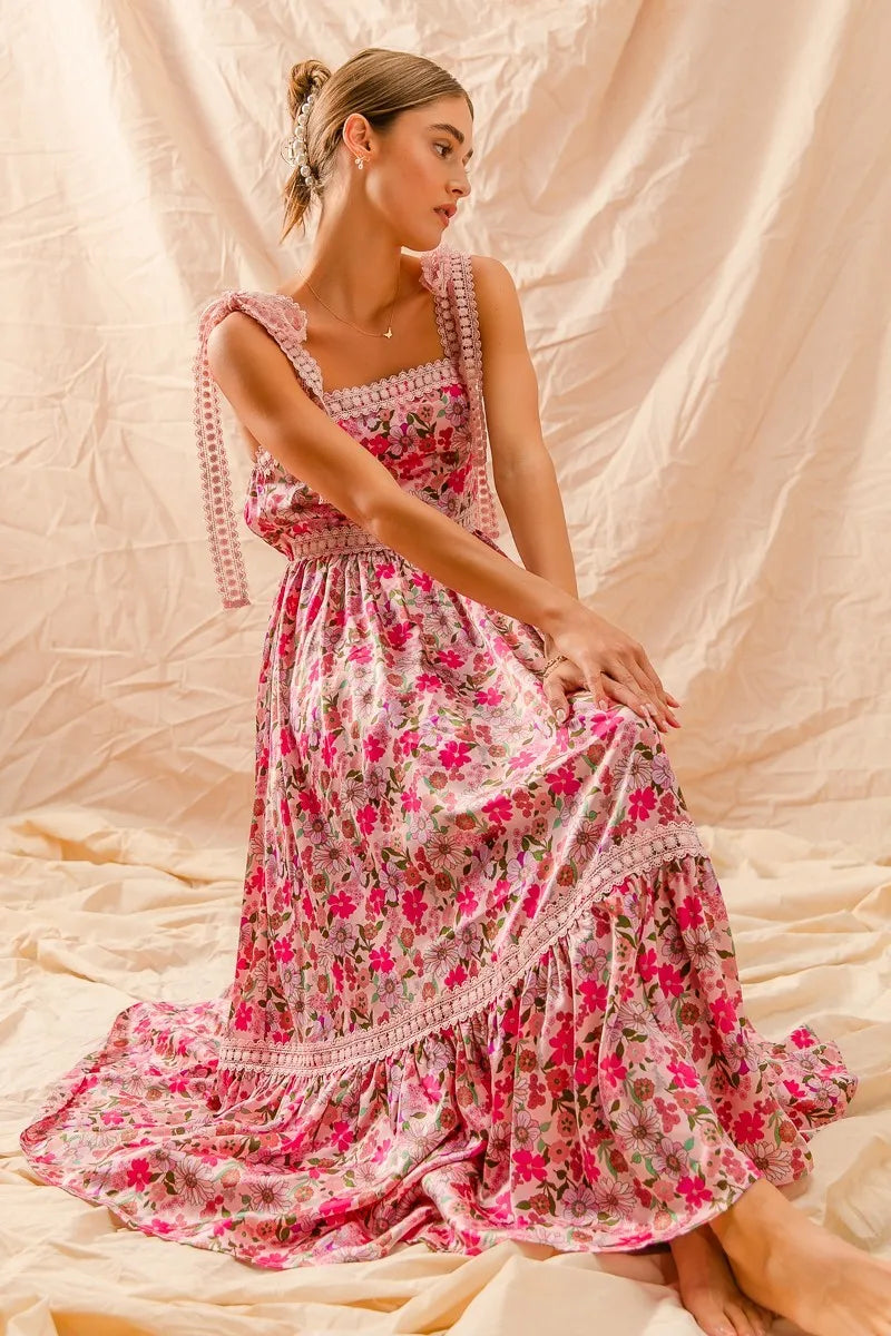 SO ME Floral Maxi Dress With Ribbon Tie Lace Strap - Tigbul's Variety Fashion Shop