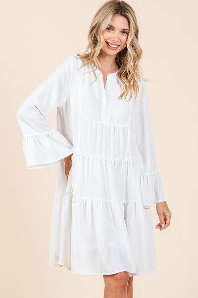 Ivory Tiered Notched Flare Sleeve Dress - Tigbul's Variety Fashion Shop