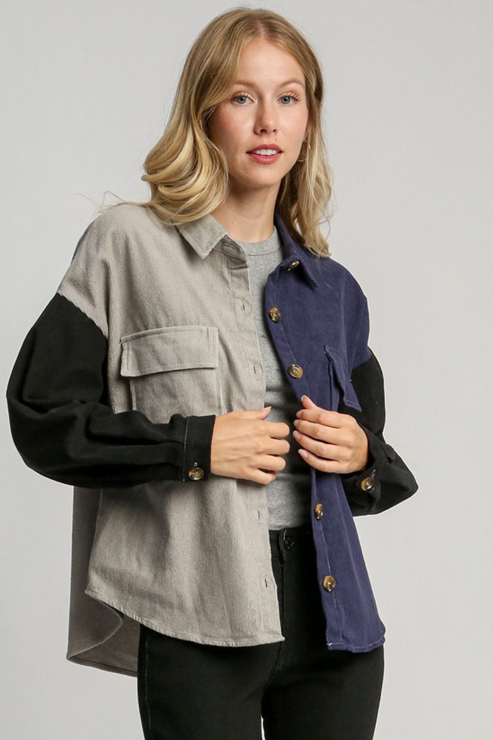 Umgee Full Size Color Block Button Down Jacket Plus Size - Tigbul's Variety Fashion Shop