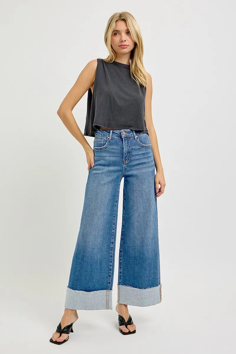 RISEN Full Size Tummy Control High Rise Crop Wide Cuffed Jeans Plus Size - Tigbul's Variety Fashion Shop
