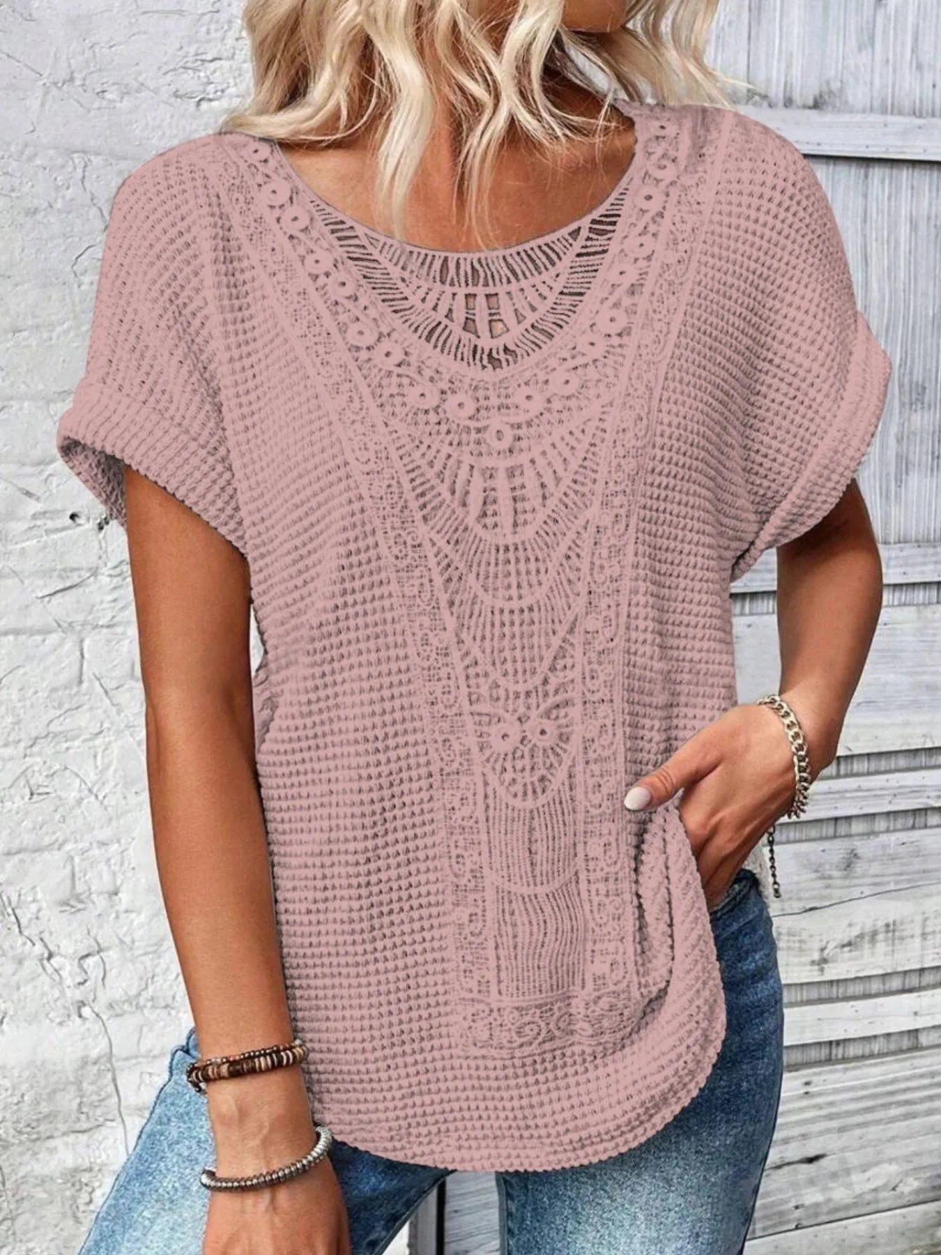 Crochet Lace Short Sleeve Casual T-Shirt - Tigbul's Variety Fashion Shop