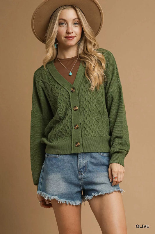 Olive Green Chunky Cable Knit V-Neck Button-Up Cardigan - Tigbul's Variety Fashion Shop