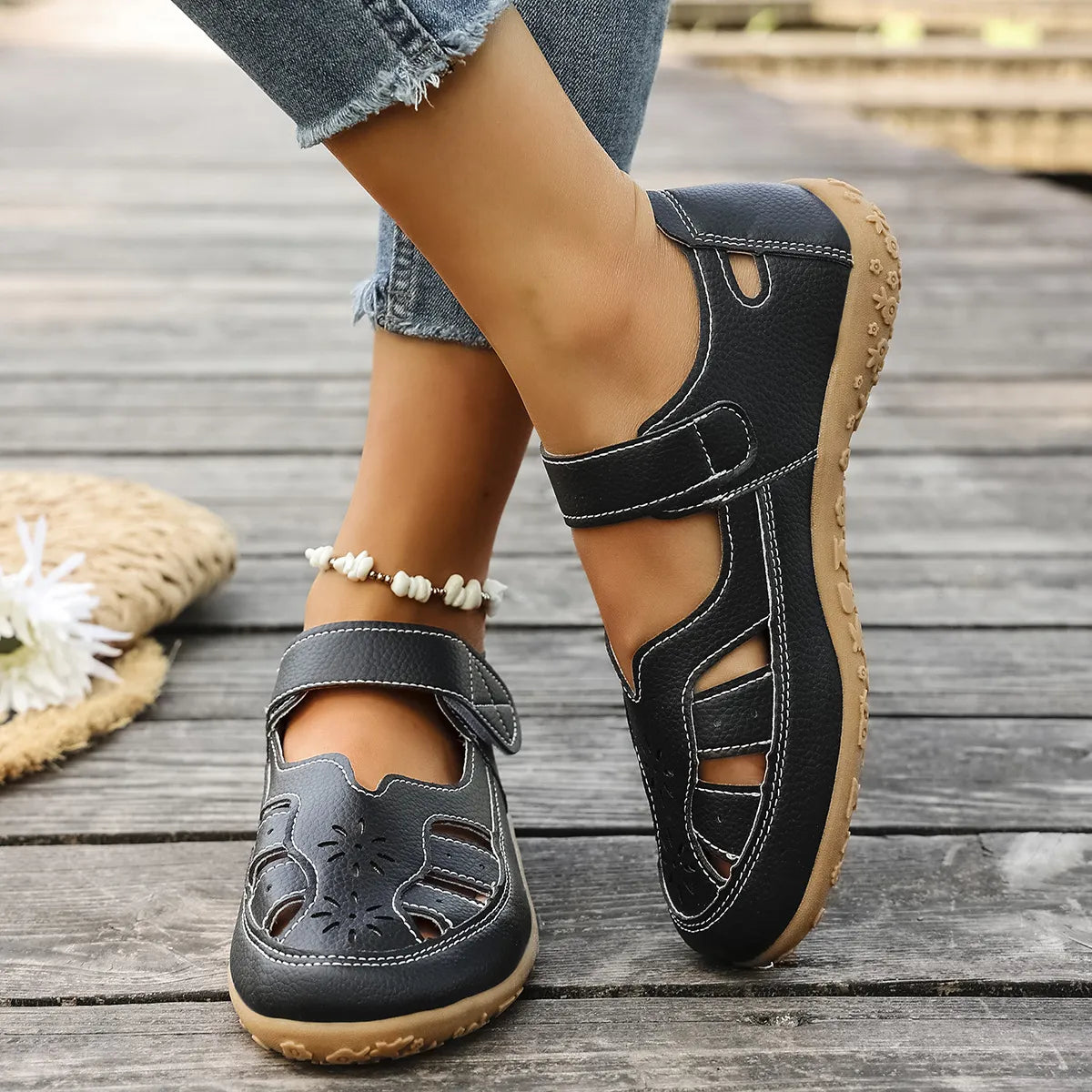 Cutout Velcro Straps Sandals - Tigbul's Variety Fashion Shop