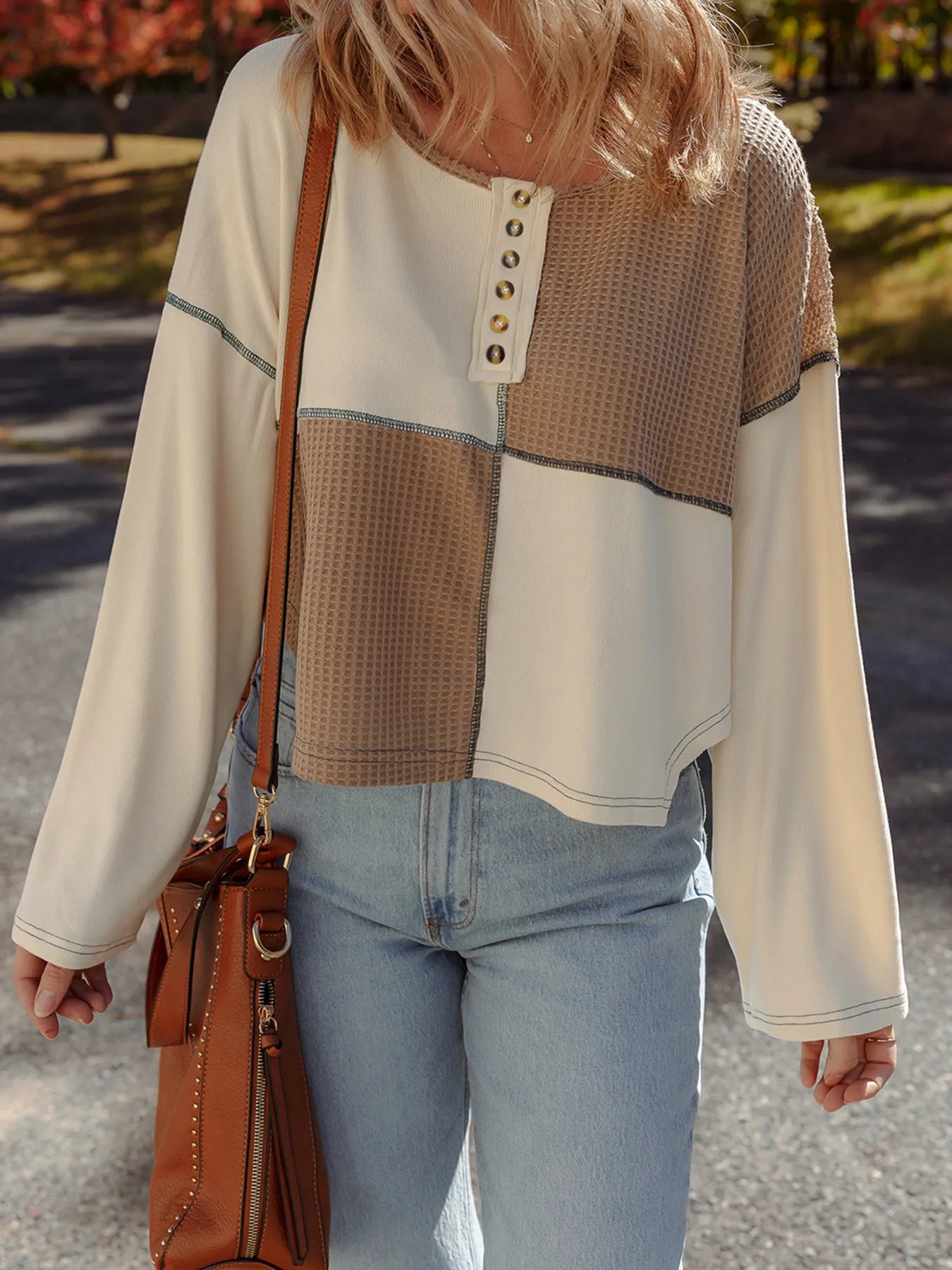 Color Block Waffle Knit Stitch Detail Long Sleeve Top - Tigbul's Variety Fashion Shop