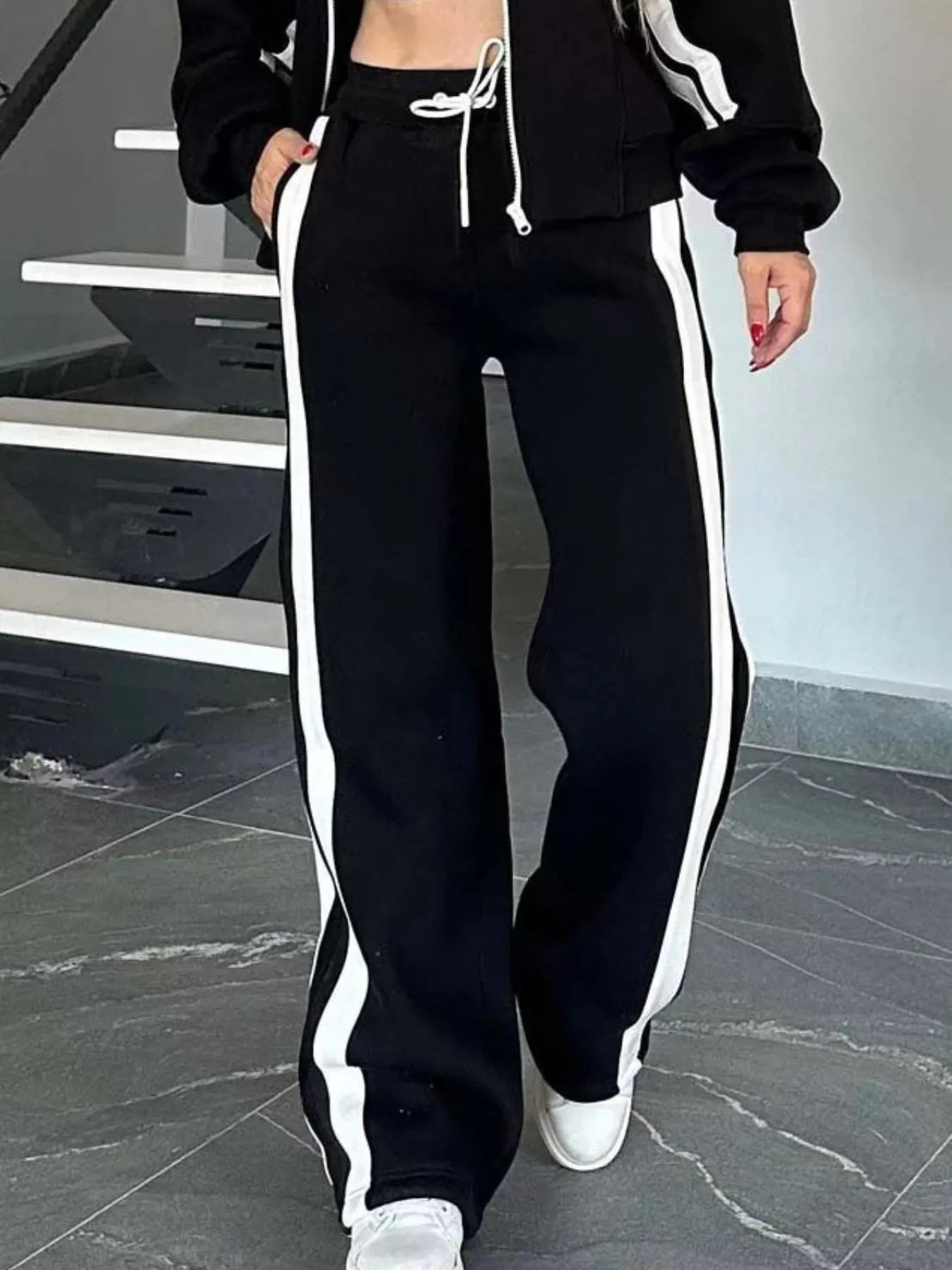 Full Size Contrast Stripe Zip Up Jacket and Pants Set Plus Size - Tigbul's Variety Fashion Shop