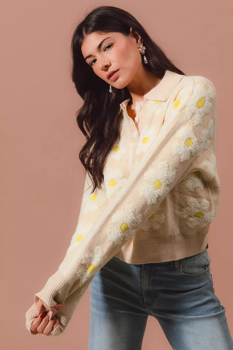 Floral Stripe Polo Collar Sweater - Tigbul's Variety Fashion Shop