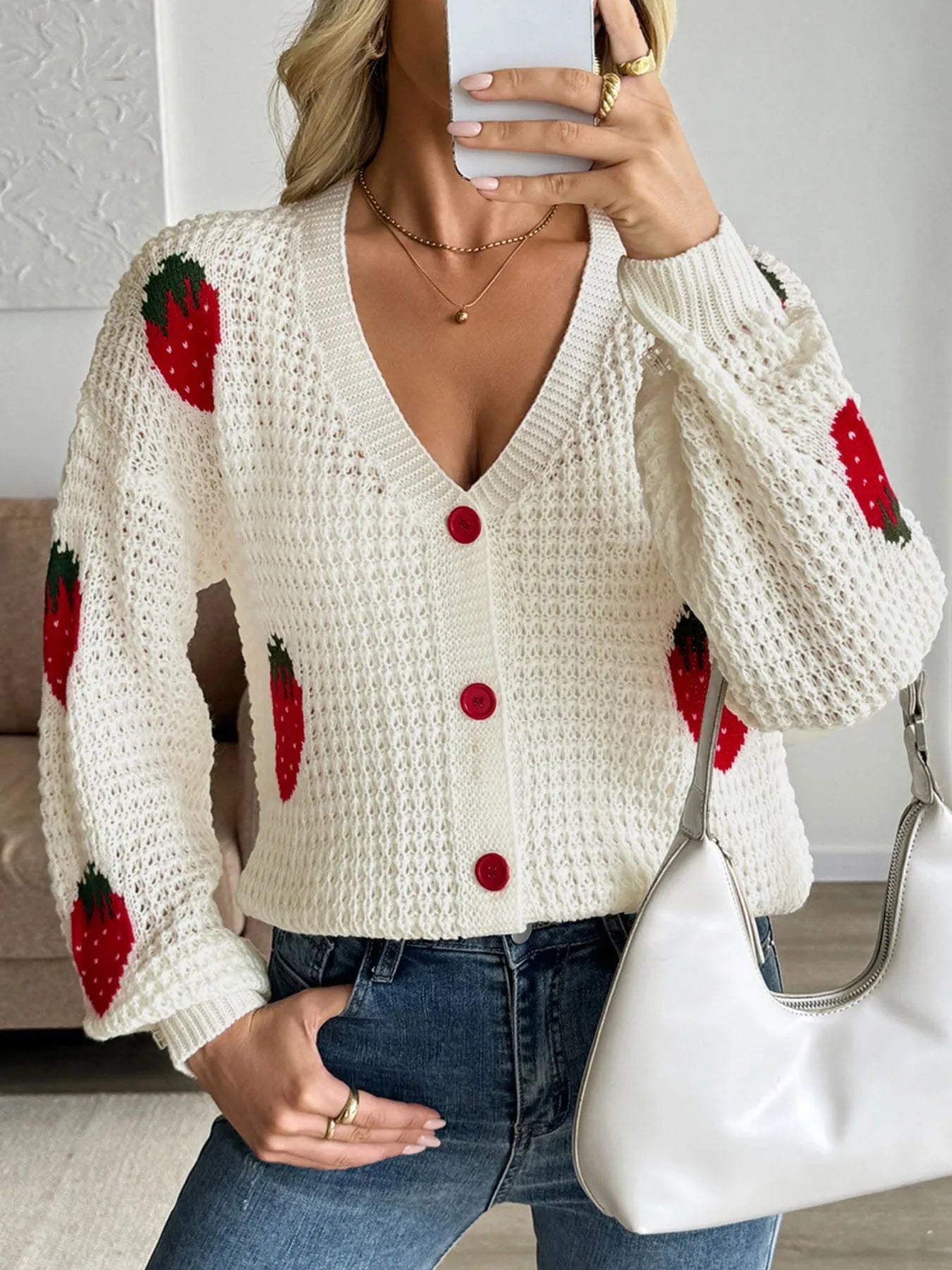 Strawberry Pattern V-Neck Button-Up Cardigan - Tigbul's Variety Fashion Shop