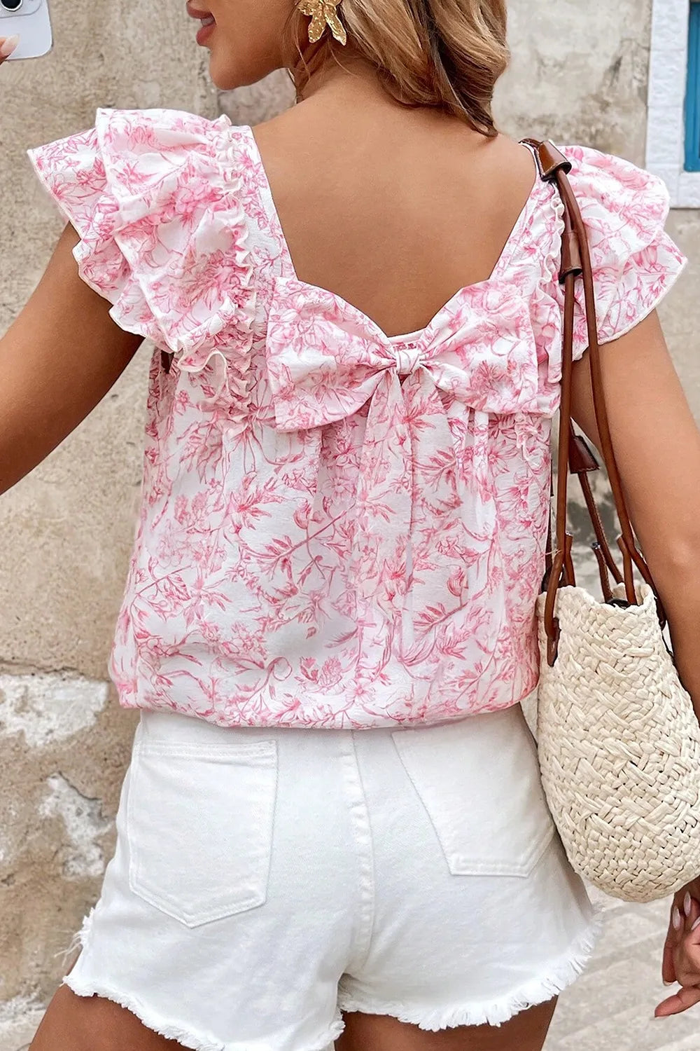 Bow Back Printed Ruffled Cap Sleeve Pink Blouse - Tigbul's Variety Fashion Shop