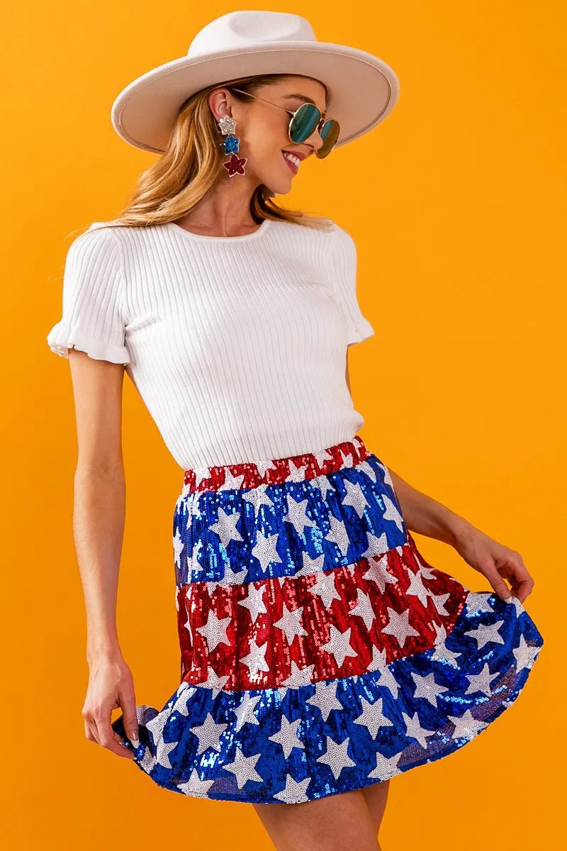 American Flag Theme Star Sequin Tiered Skirt - Tigbul's Variety Fashion Shop