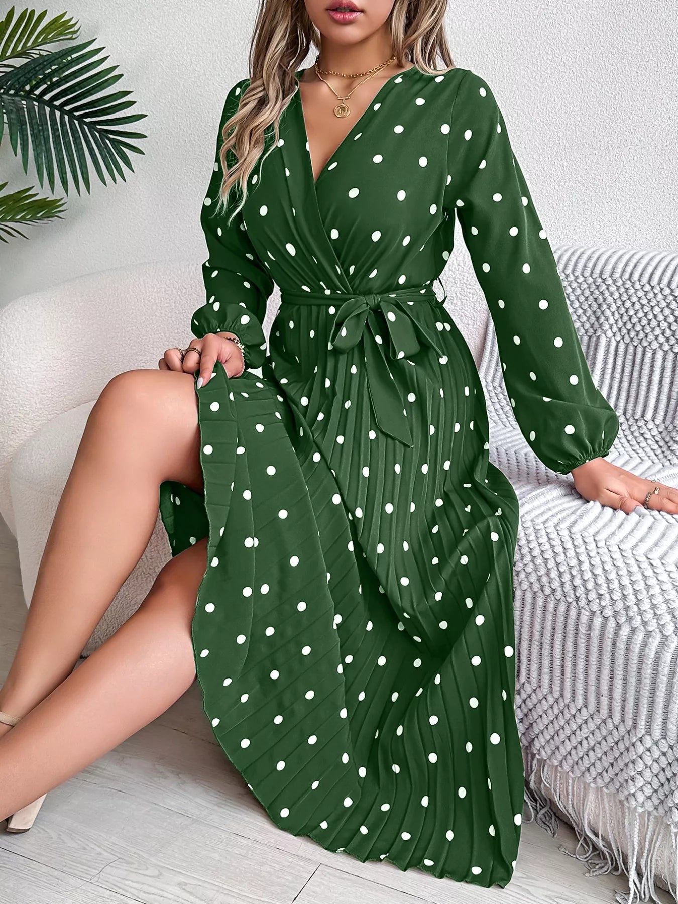 Front Tie Polka Dot Midi Pleated Dress - Tigbul's Variety Fashion Shop