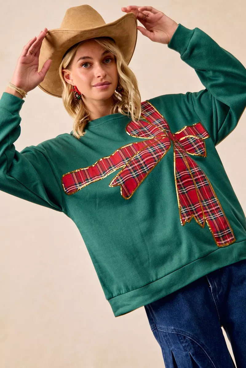 Plaid Ribbon Bow Detail Christmas Fleece Pullover Sweater - Tigbul's Variety Fashion Shop