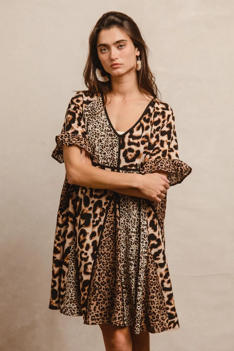 BiBi Leopard Prints Mix and Match Short Sleeves Dress - Tigbul's Variety Fashion Shop