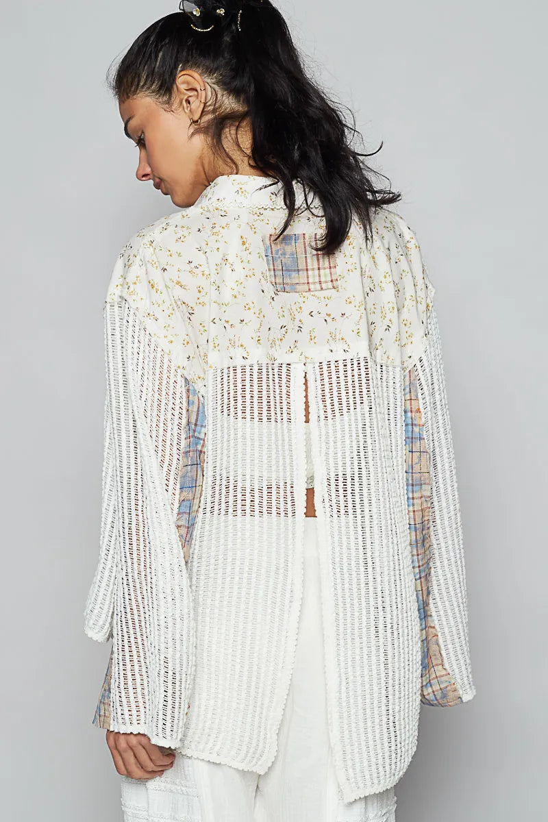 POL Floral Slit Back Plaid Patchwork Shirt - Tigbul's Variety Fashion Shop