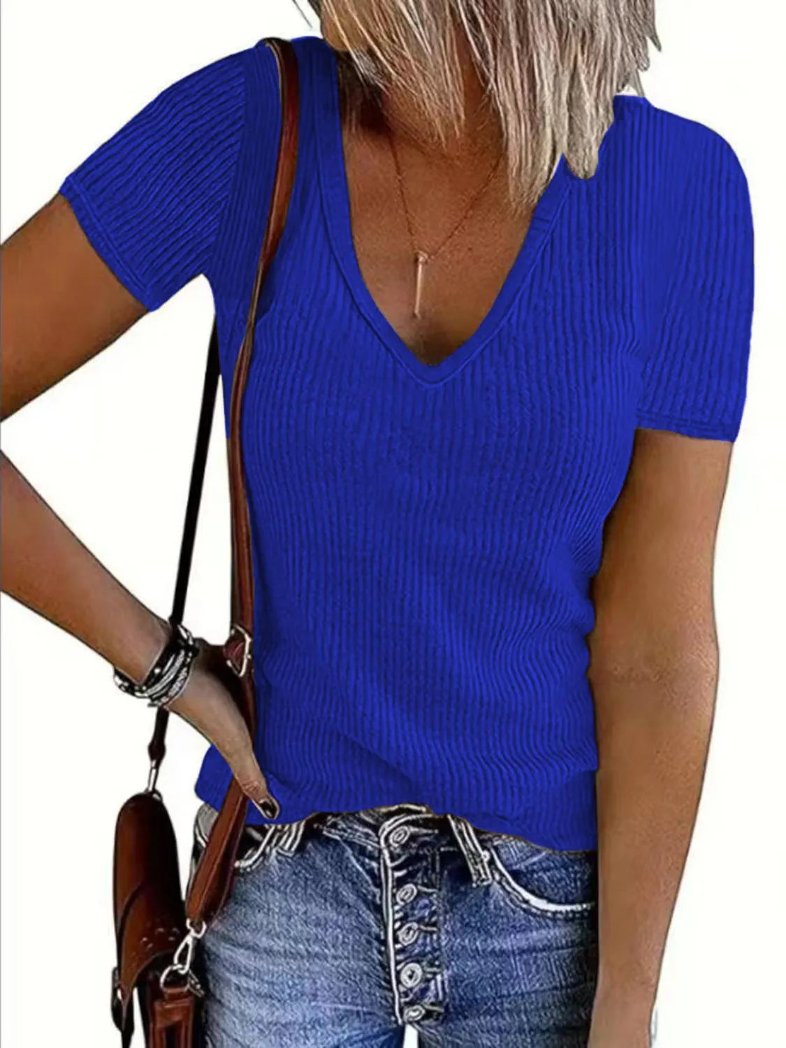 Solid V-Neck Short Sleeve T-Shirt - Tigbul's Variety Fashion Shop